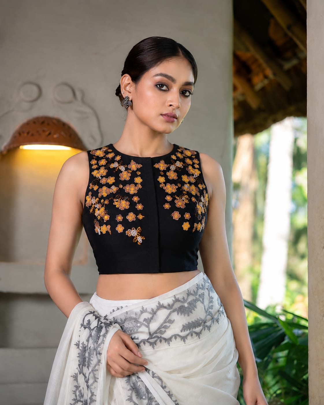 Black Floral Embroidered Sleeveless Blouse for Women