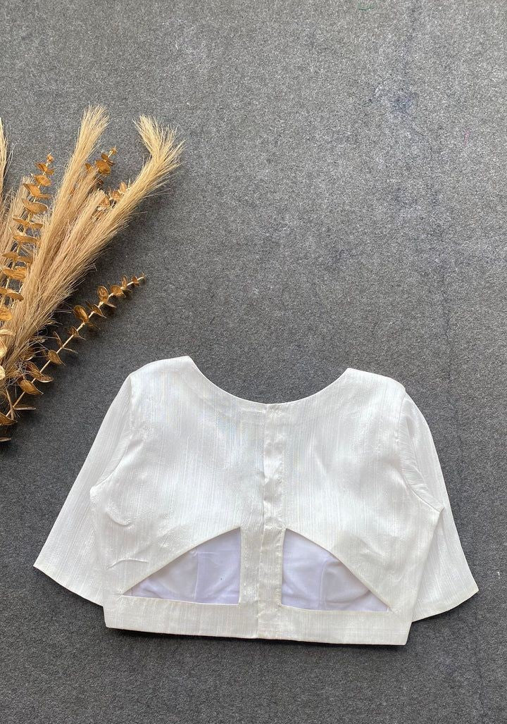 Elegant Ivory V-Neck Silk Blend Blouse with Cut-Out Back Design