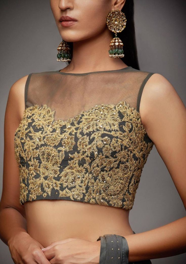 Luxury Grey Gold Embroidered Designer Blouse for Women