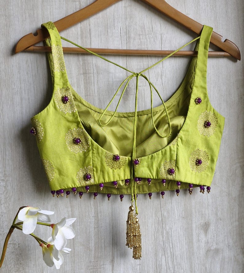 Lime Green Designer Silk Blouse with Hand Embroidery, Purple Bead Work & Tassel Back Tie