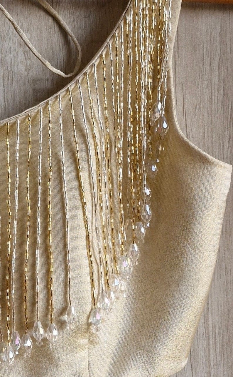 Champagne Gold Designer Blouse with Crystal Fringe Tassels & Deep Back Dori