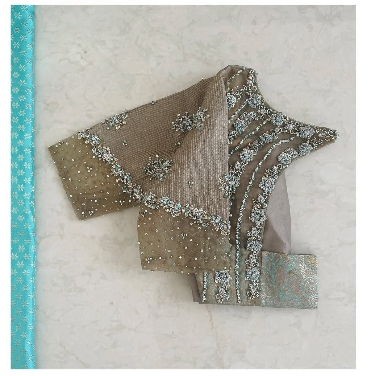 Designer Taupe Net Blouse with Silver Floral Embroidery & Statement Cut-Out Back