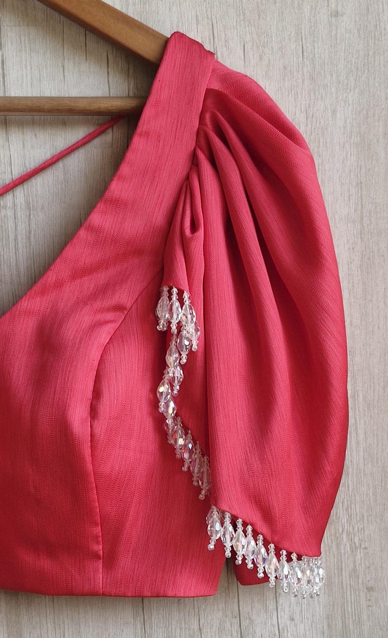 Coral Pink Puff Sleeve Designer Saree Blouse with Beaded Tassel Dori
