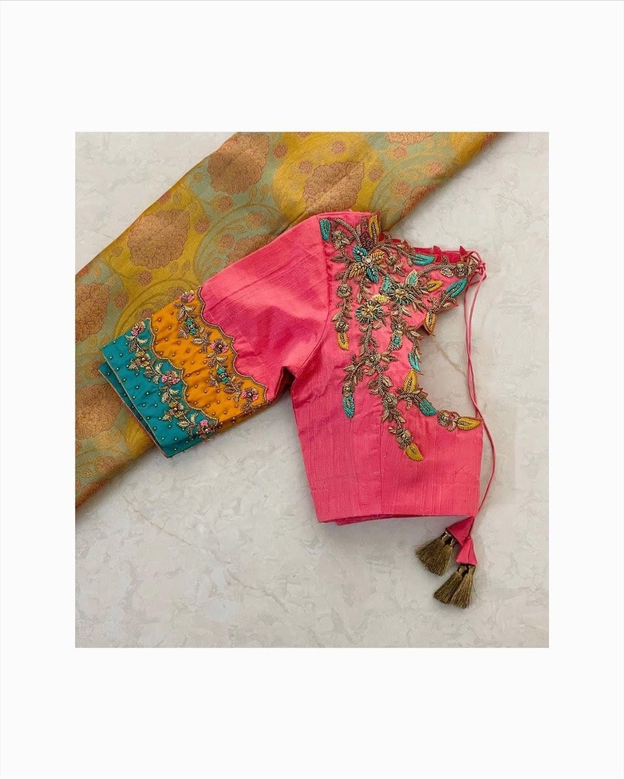 Coral Pink Floral Embroidered Silk Designer Blouse with Tassel Dori