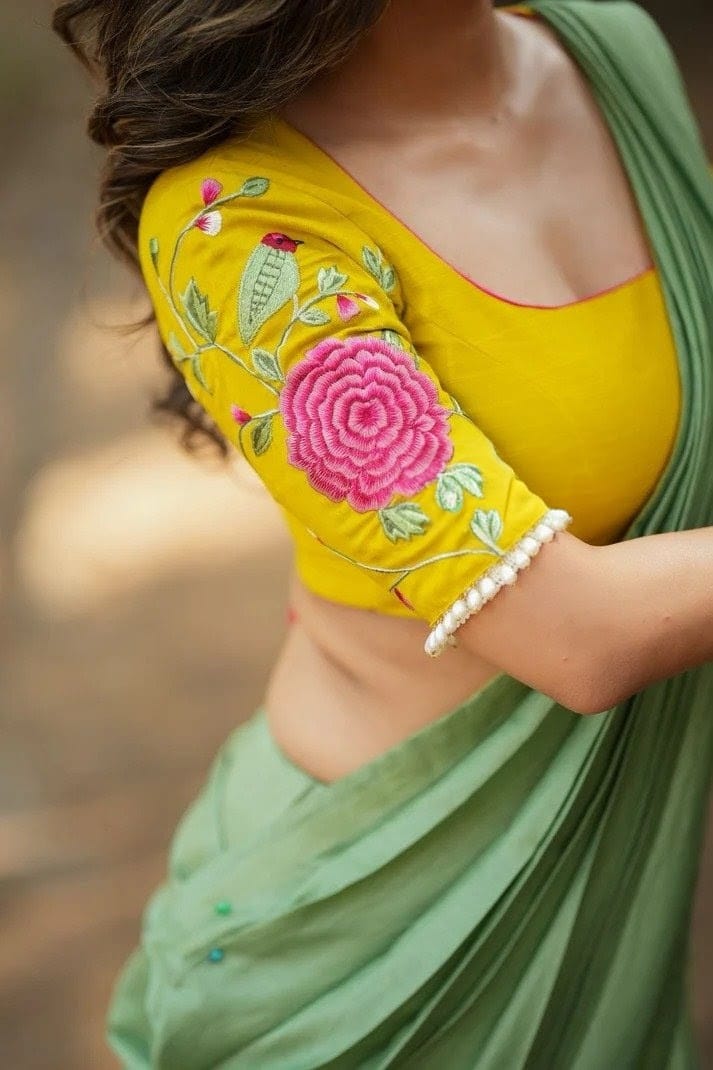 Sunshine Yellow Floral Embroidered Designer Blouse with Pearl Sleeve Detailing