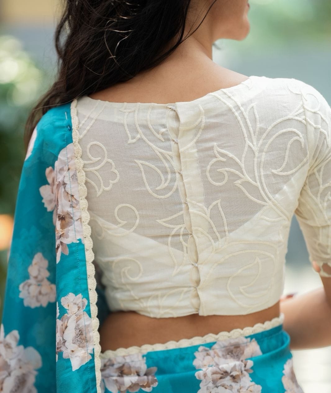 Designer Ivory Embroidered Blouse with Mirror Work Neckline