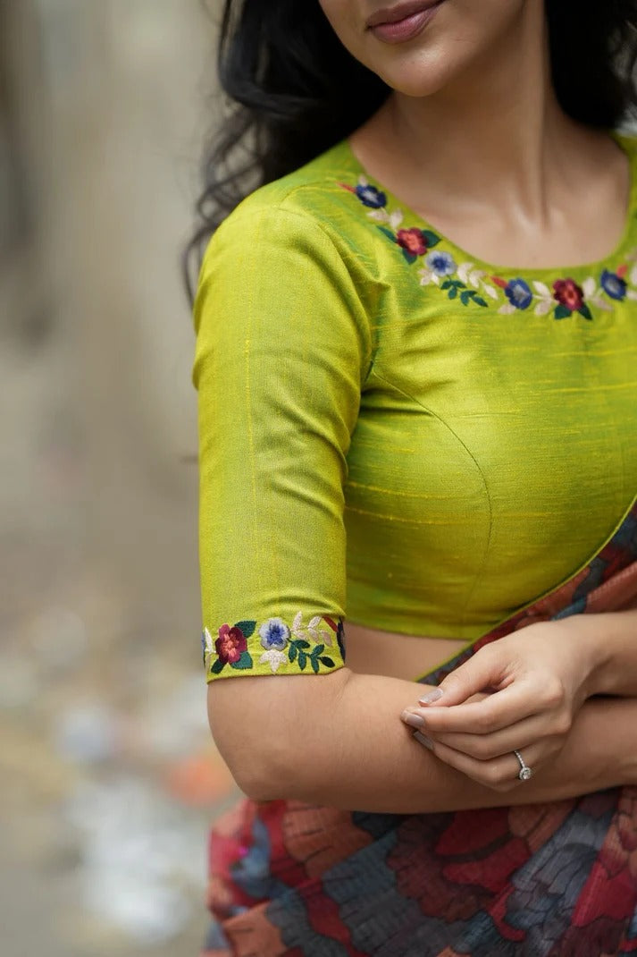 Parrot Green Embroidered Silk Blouse with Floral Neck & Sleeve Detailing
