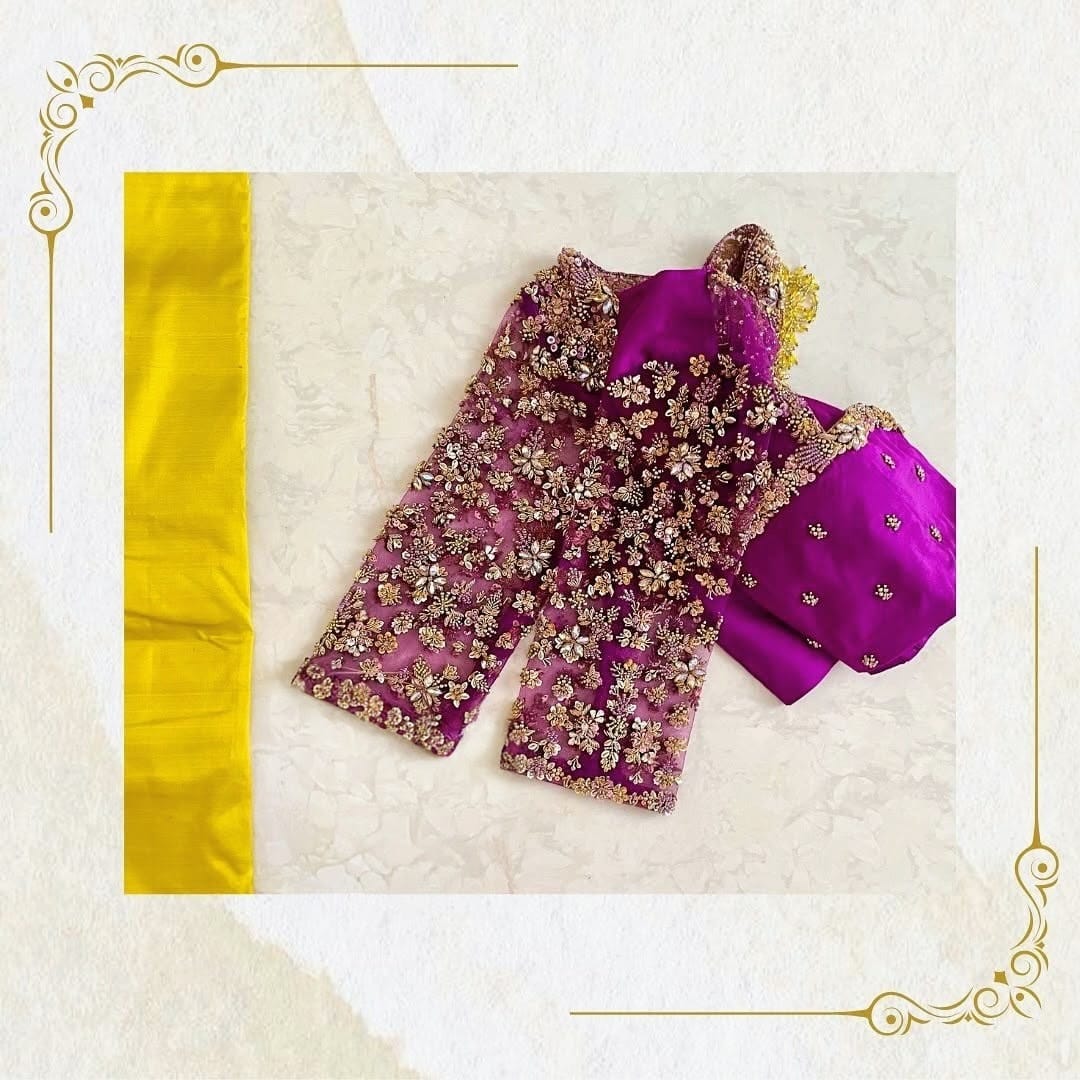 Purple Heavy Embroidered Designer Silk Blouse with Floral Net Sleeves