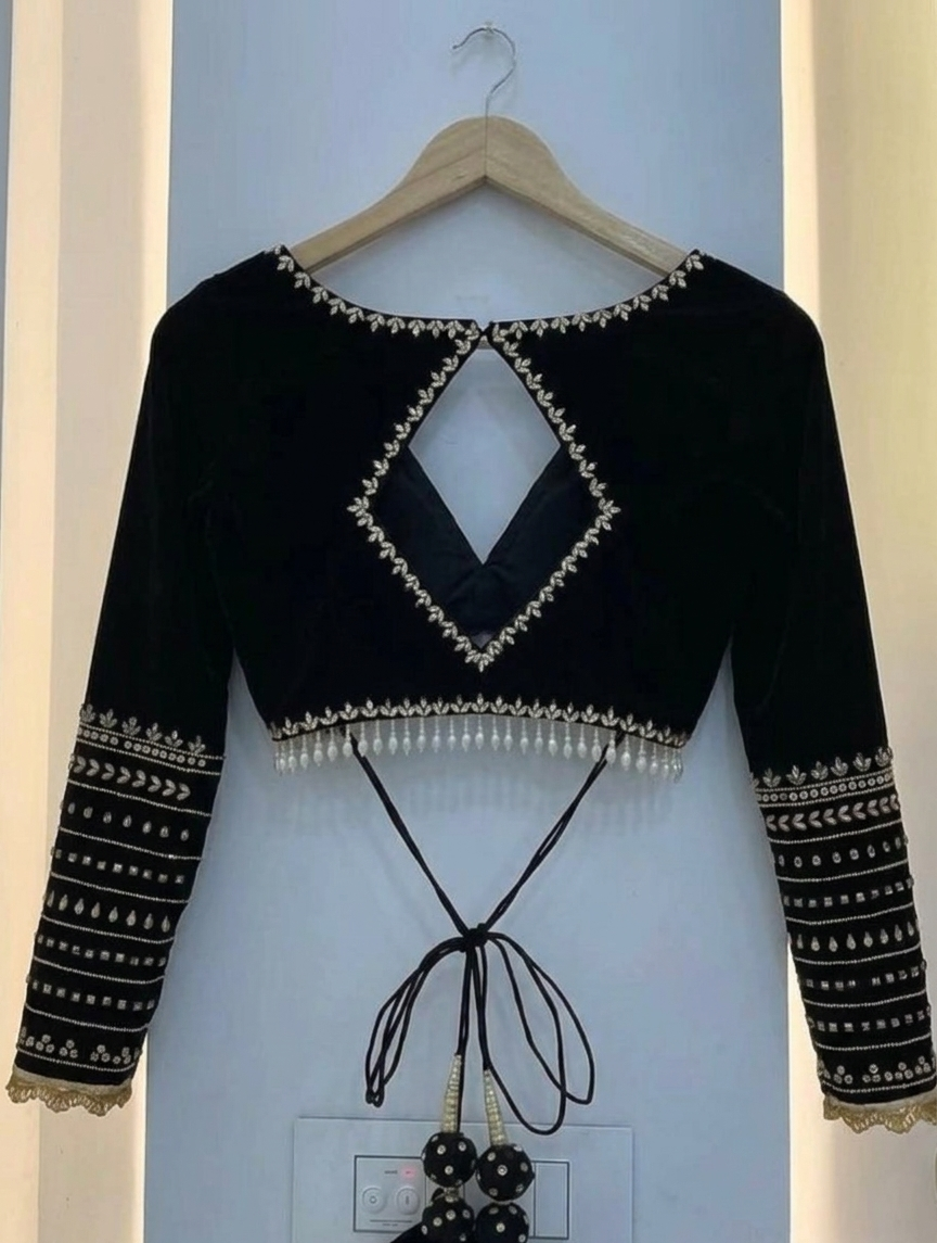 Midnight Black Mirror Work Tie-Back Designer Blouse