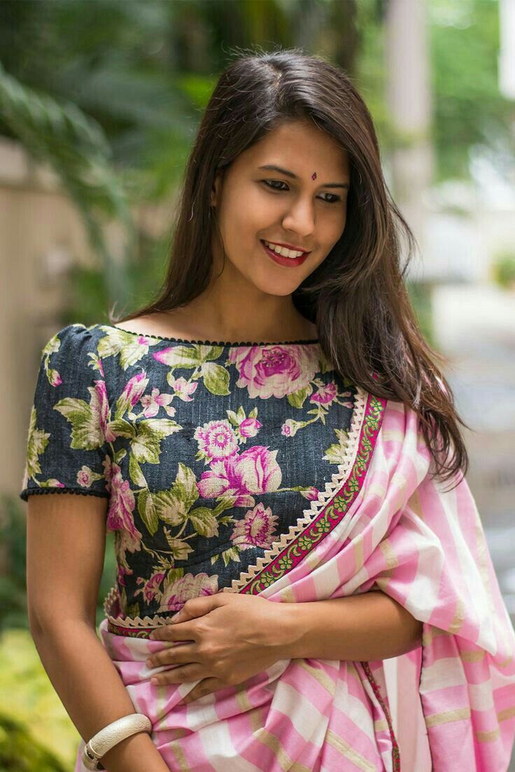Black Floral Printed Boat Neck Blouse with Deep Back Design