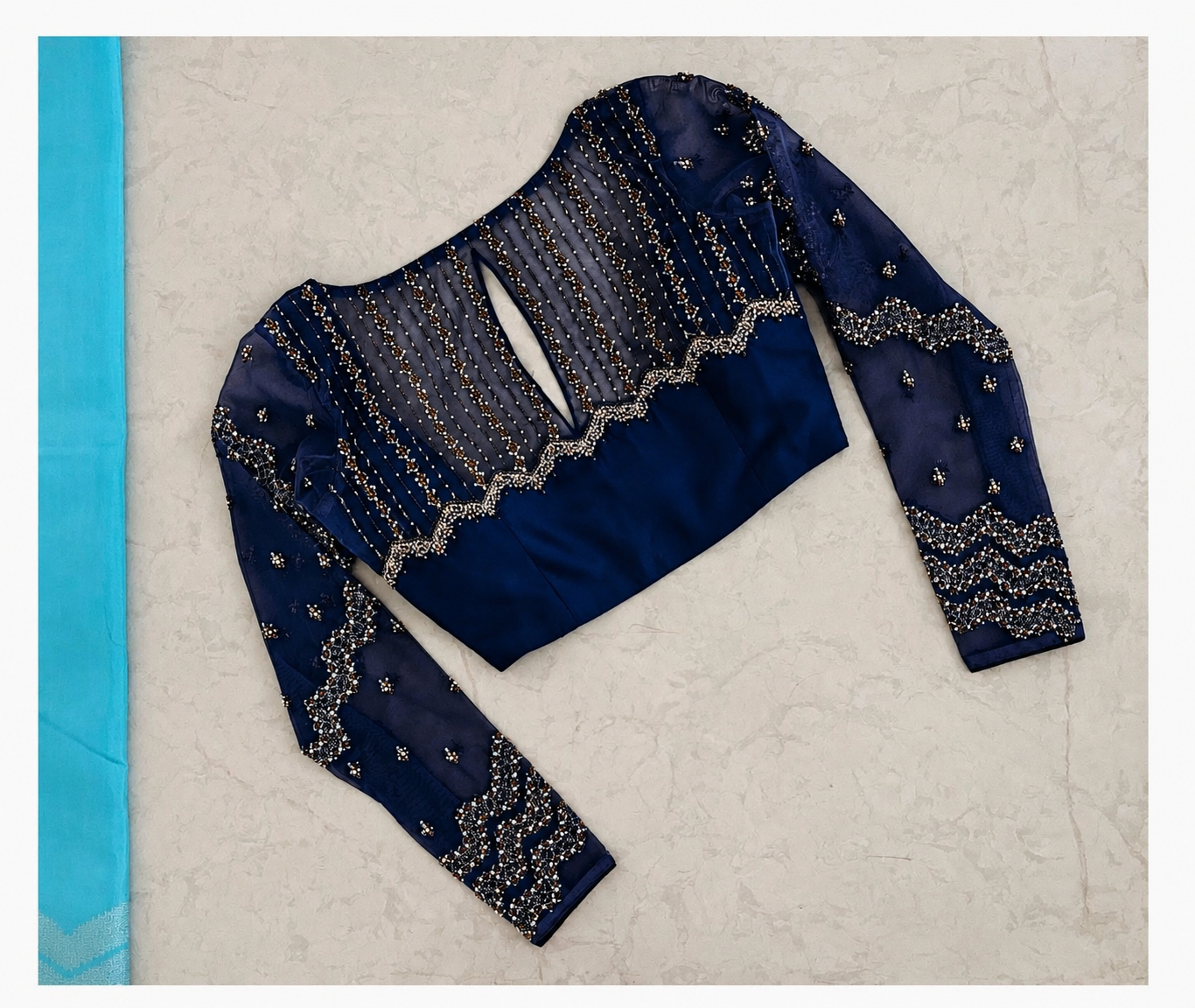 Royal Blue Designer Net Yoke Blouse with Stone Work