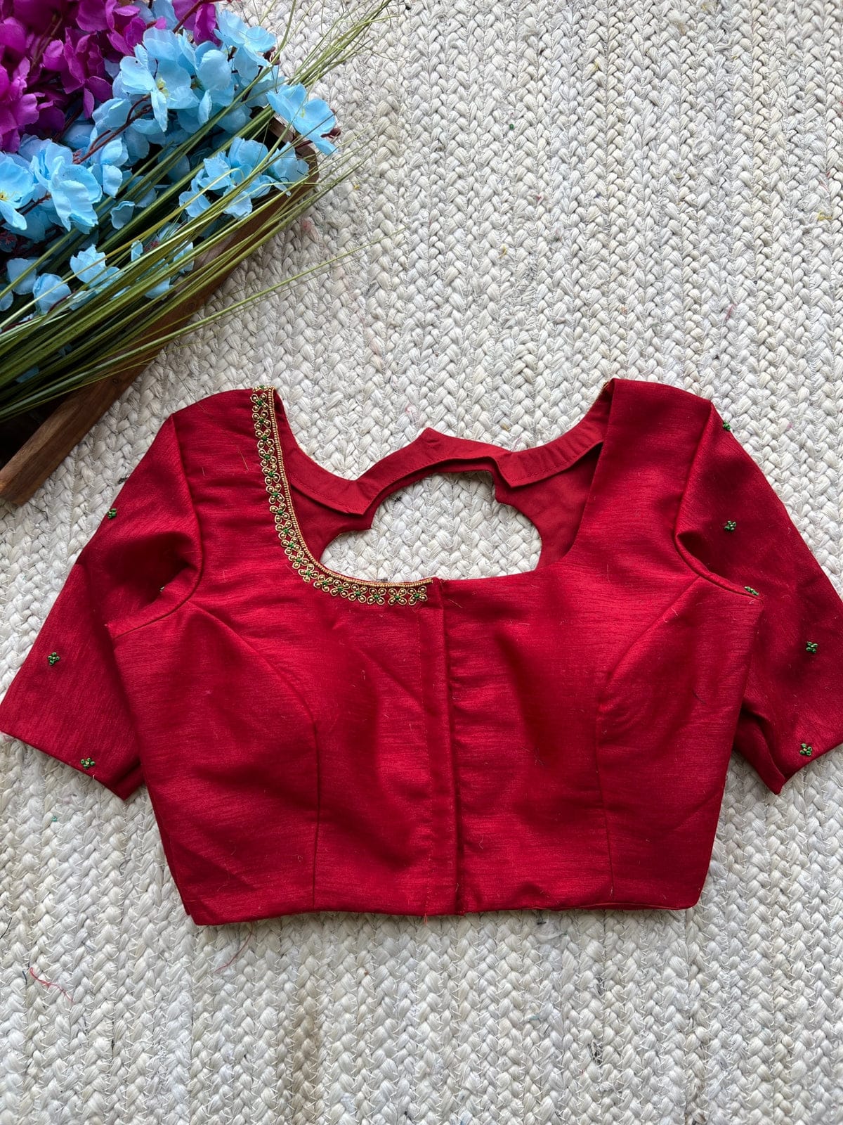 Royal Red Heart-Cut Embroidered Silk Blouse