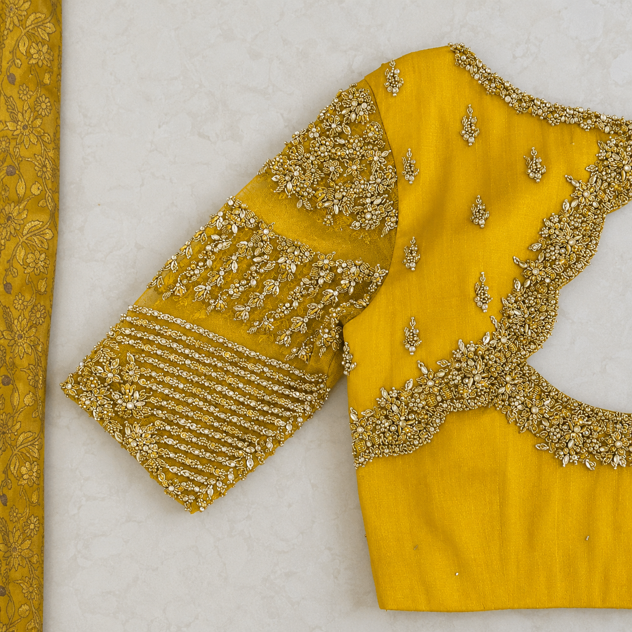 Sunshine Yellow Bridal Silk Blouse with Heavy Hand Embroidery & Designer Cut-Out Back