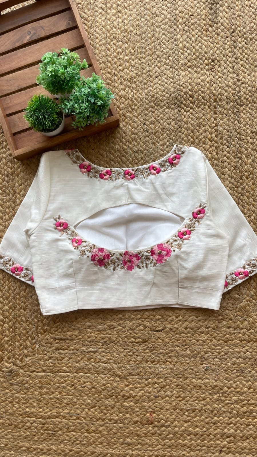 Elegant Ivory Floral Embroidered Cut-Out Back Blouse