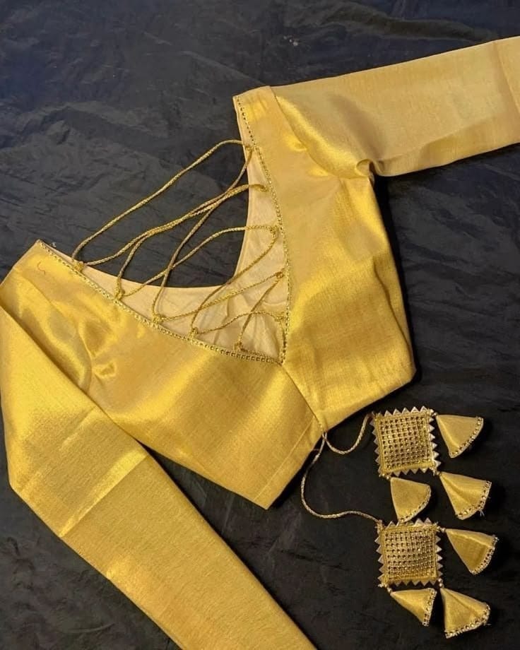 Yellow Designer Silk Blouse with Stylish Back Knot & Tassel Latkan