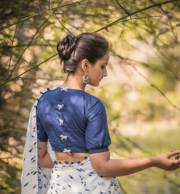 Classic Indigo Blue Blouse with Bow Tie Back Detailing