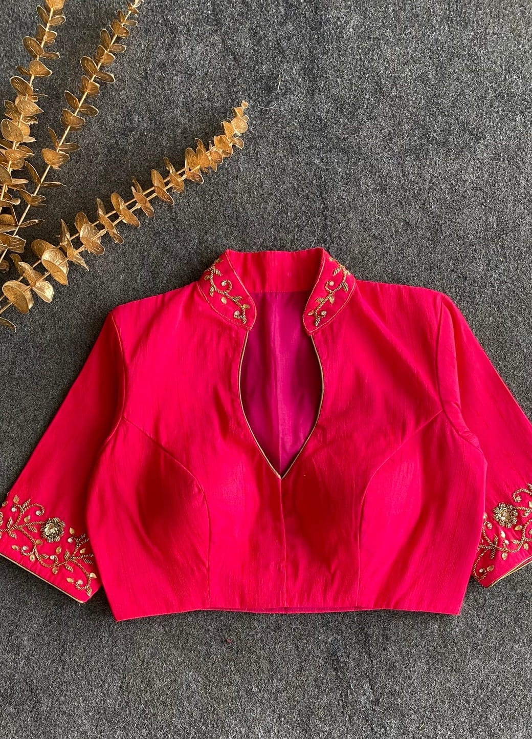 Rani Pink Silk Blouse with Embroidered High Neck & Keyhole Detail