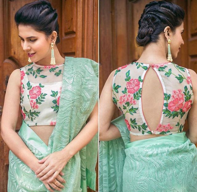 Partywear Sheer Floral Embroidered Keyhole Back Blouse