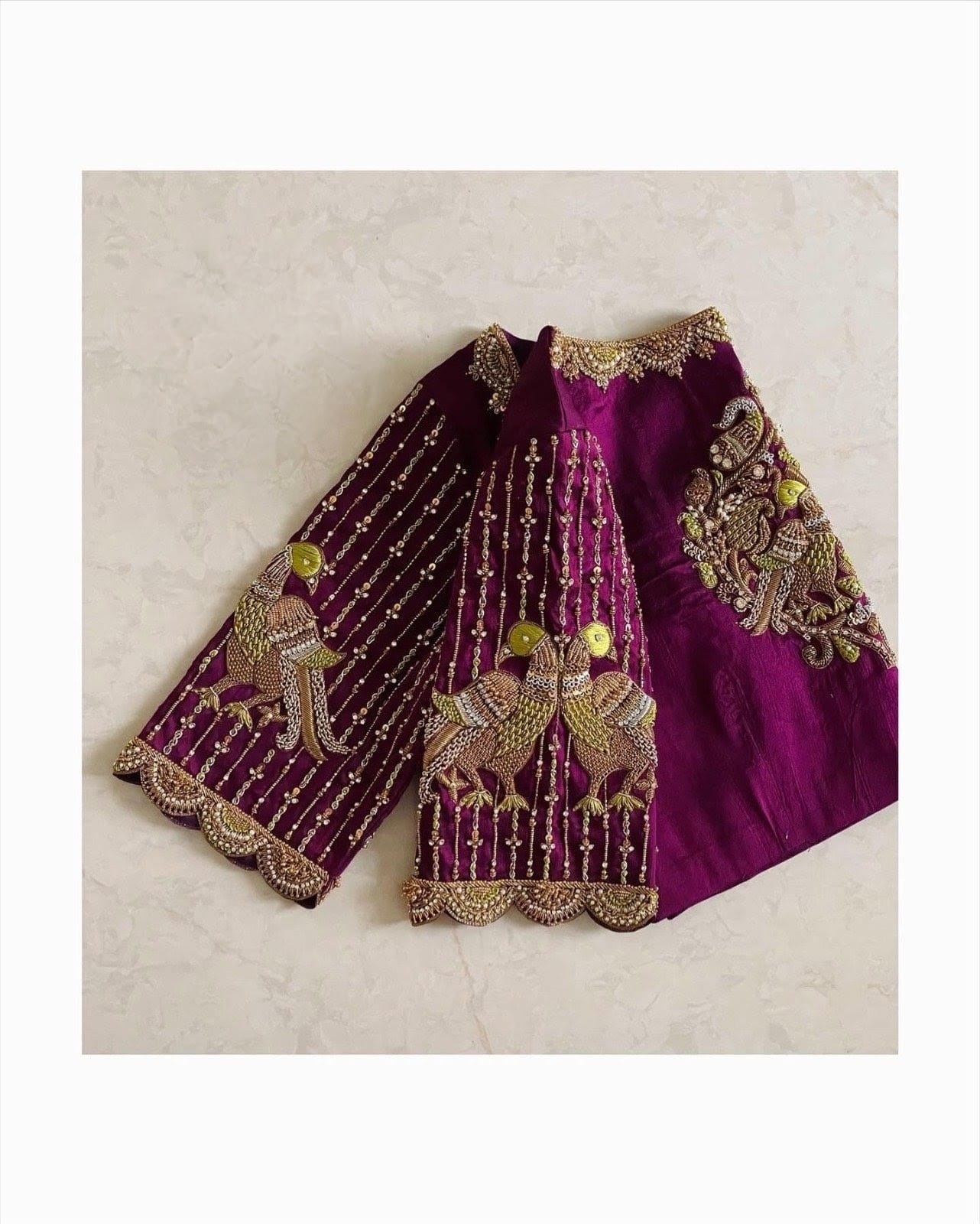Royal Magenta Hand Embroidered Bird Motif Designer Silk Blouse