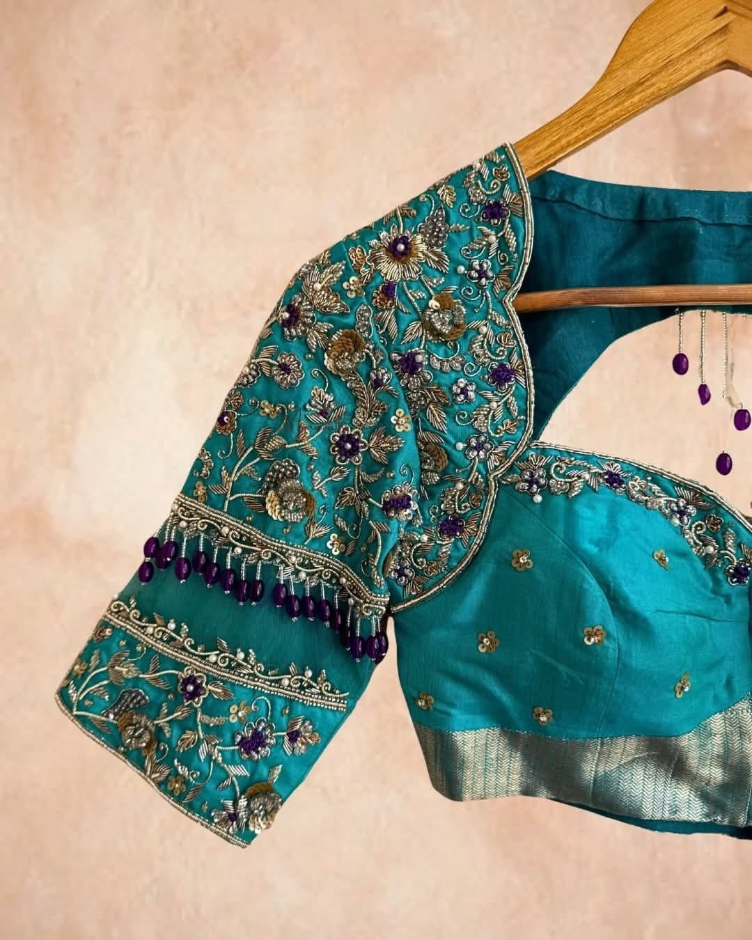Heavy Embroidered Sleeve Saree Blouse with Cutout Back & Tassel Detailing