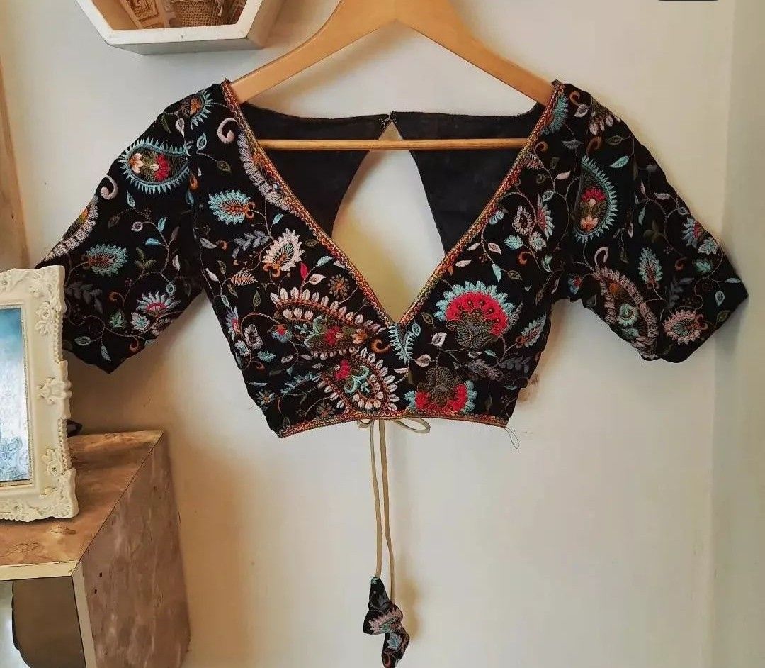 Midnight Black Floral Embroidered V-Back Designer Blouse