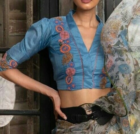 Powder Blue Floral Embroidered Mandarin Collar Blouse