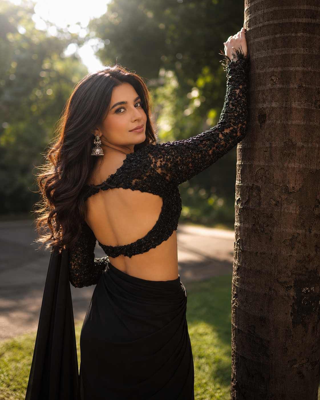 Black Designer Heavy Embroidered Deep Back Full Sleeve Blouse