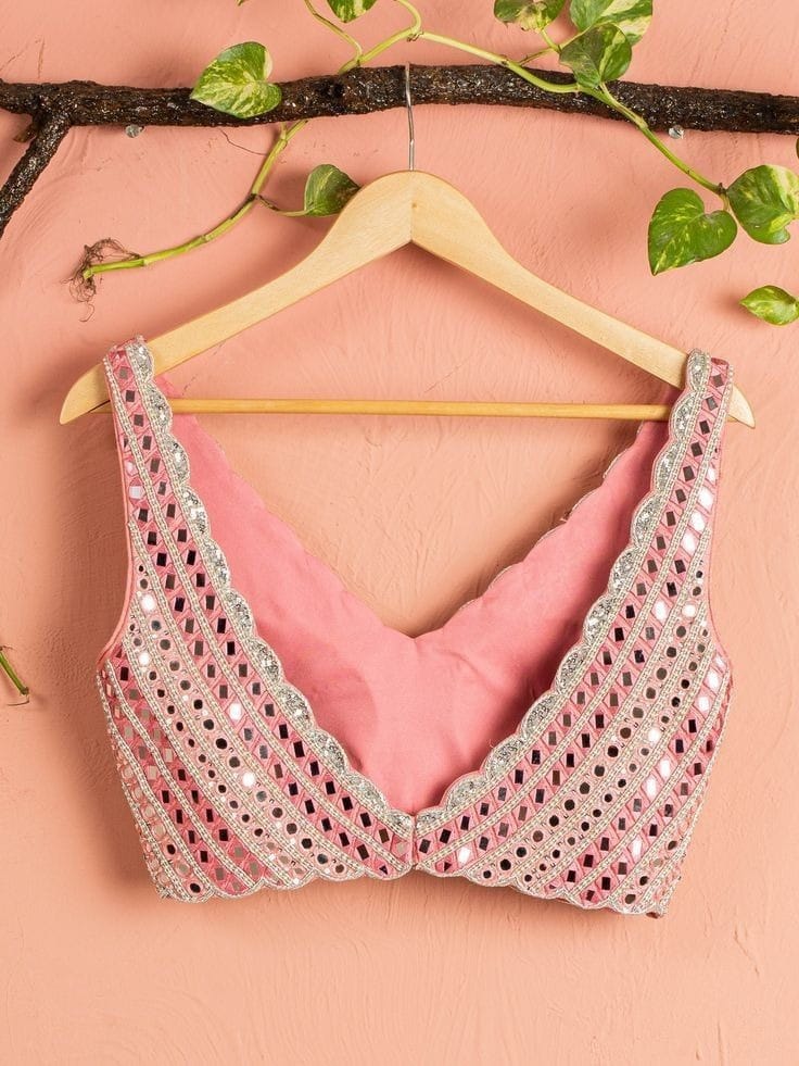 Pink Mirror Work Sleeveless Designer Saree Blouse