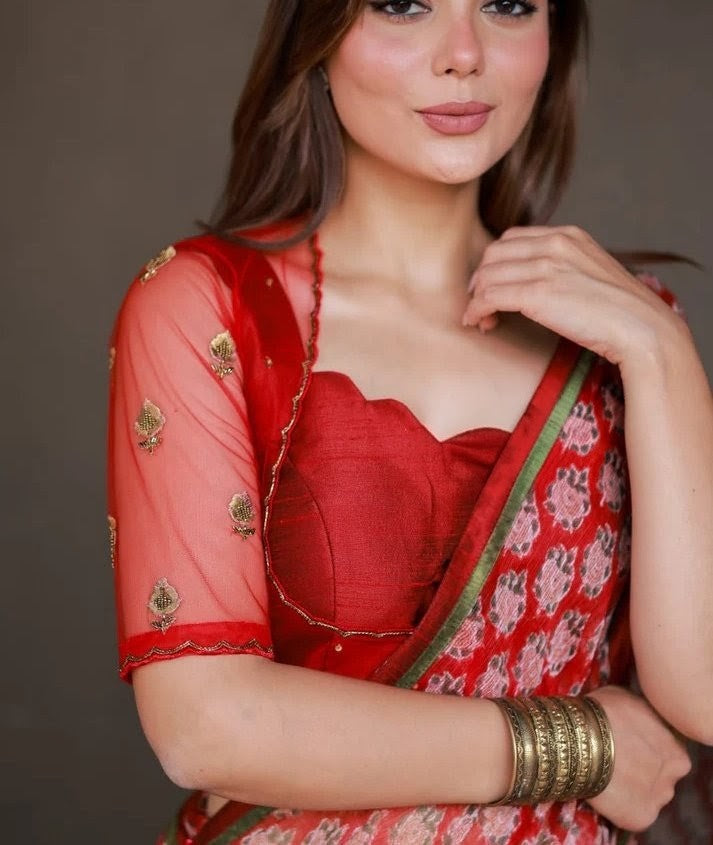 Red Designer Net Back Blouse | Sweetheart Neck Half Sleeve Party Wear Blouse