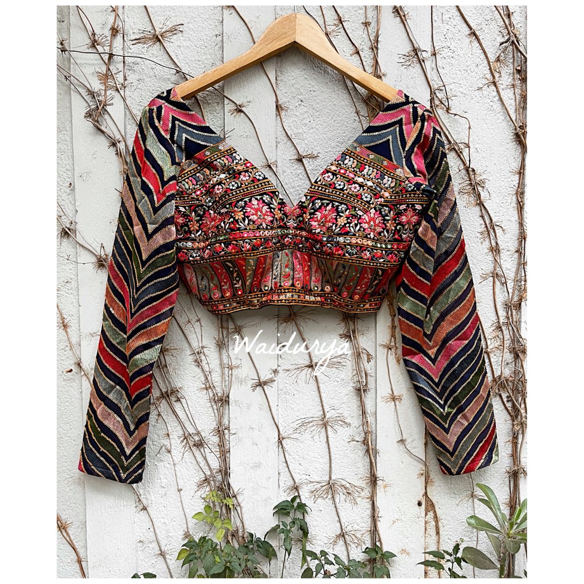 Multicolor Embroidered V-Neck Long Sleeve Ethnic Blouse