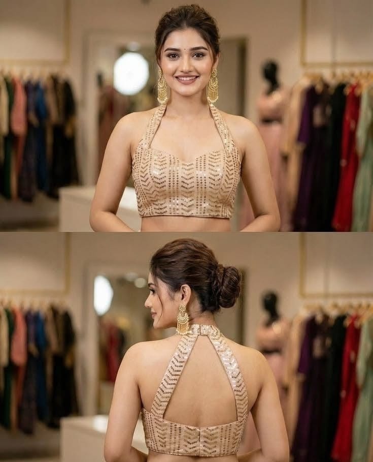 Glamorous Gold Halter Neck Blouse with Sequin Embellishment