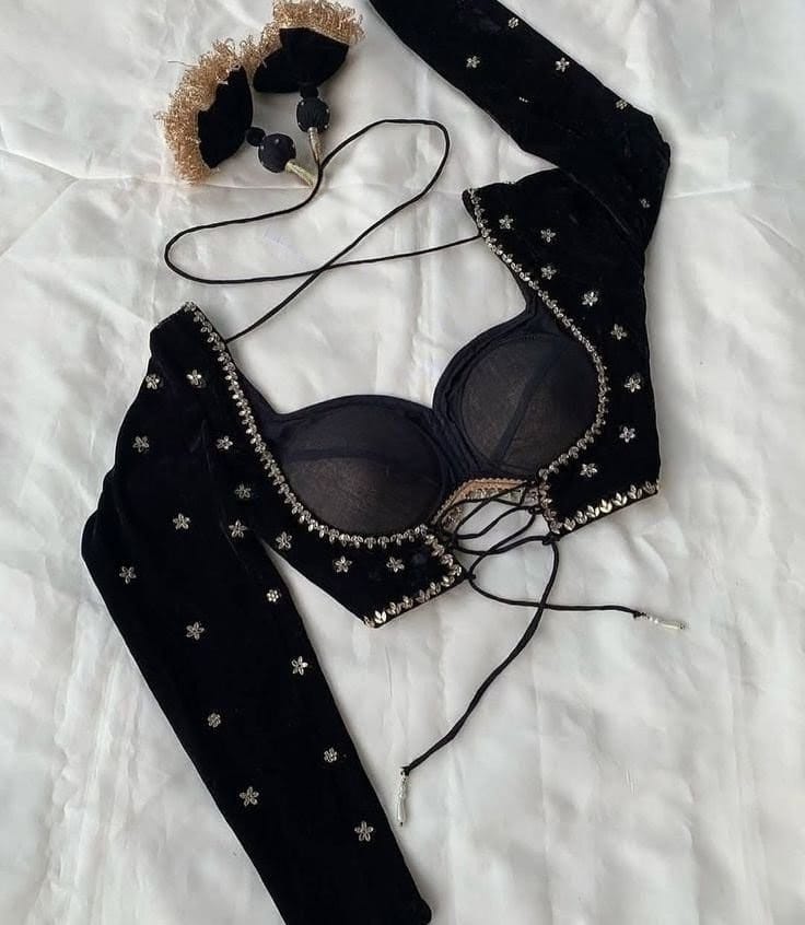 Midnight Black Velvet Blouse with Sweetheart Neckline & Tie-Up Back