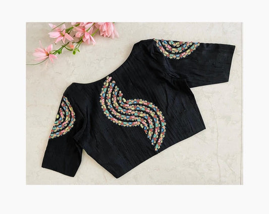 Black Silk Embroidered Saree Blouse with Multicolor Floral Swirl Design