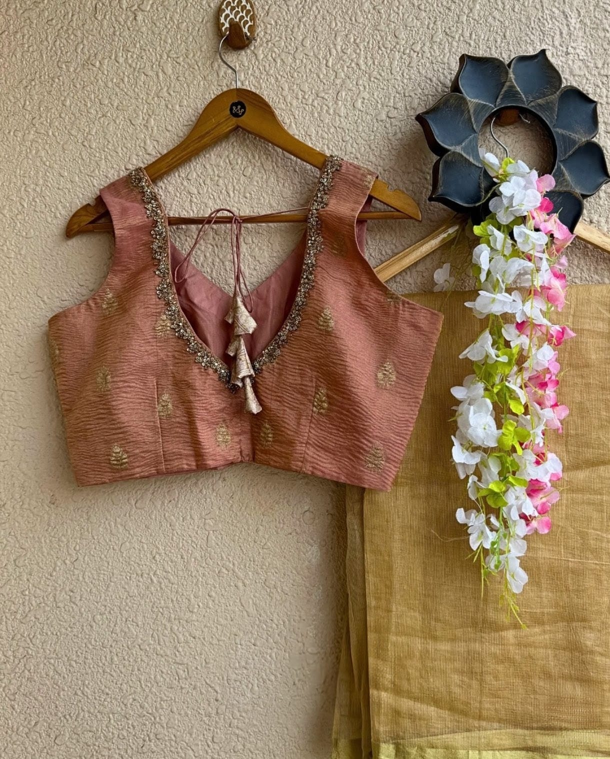 Peach Silk Sleeveless Padded Saree Blouse with Beaded V-Neck & Tassel Tie-Up Back