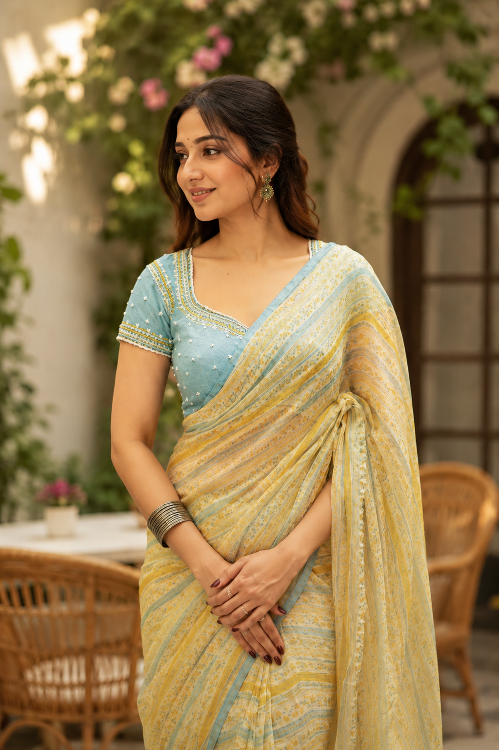 Pastel Blue Embroidered Cotton Silk Blouse