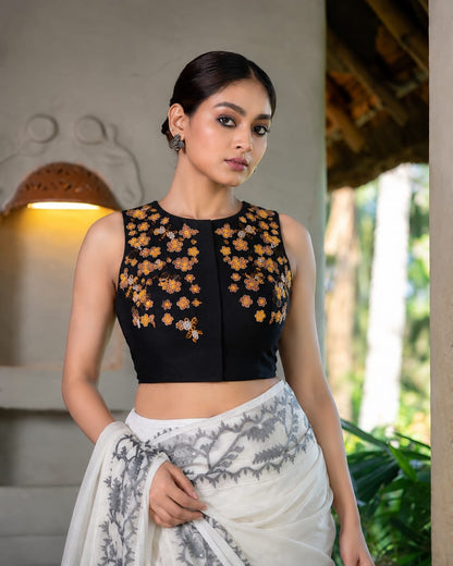 Black Floral Embroidered Sleeveless Blouse for Women