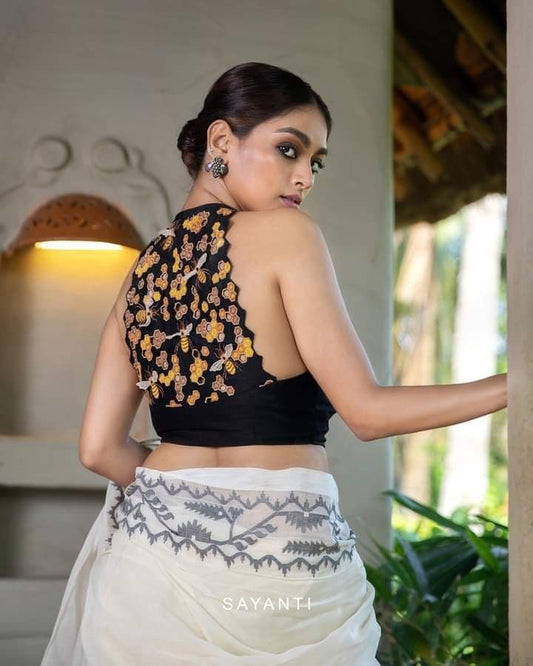 Black Floral Embroidered Sleeveless Blouse for Women
