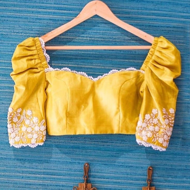 Mustard Yellow Puff Sleeve Blouse with Sweetheart Neckline & Floral Embroidery