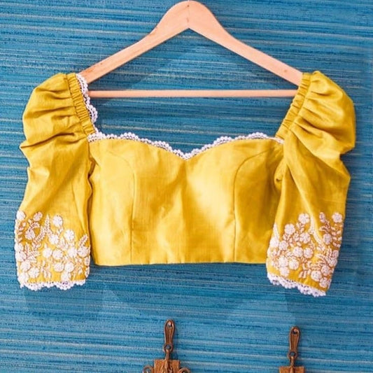 Mustard Yellow Puff Sleeve Blouse with Sweetheart Neckline & Floral Embroidery