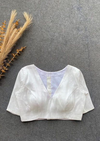 Elegant Ivory V-Neck Silk Blend Blouse with Cut-Out Back Design