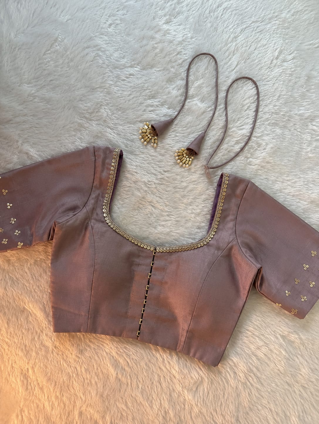 Elegant Mauve Silk Readymade Blouse for Women | Designer U-Neck Embroidered Blouse