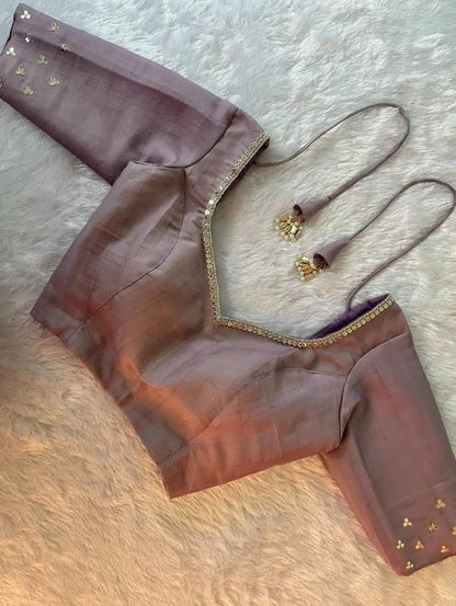Elegant Mauve Silk Readymade Blouse for Women | Designer U-Neck Embroidered Blouse