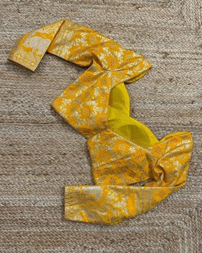 Women's Mustard Yellow Brocade Designer Blouse with Statement Puff Sleeves