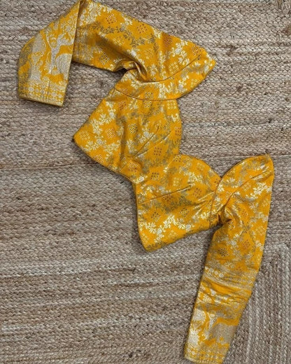 Women's Mustard Yellow Brocade Designer Blouse with Statement Puff Sleeves