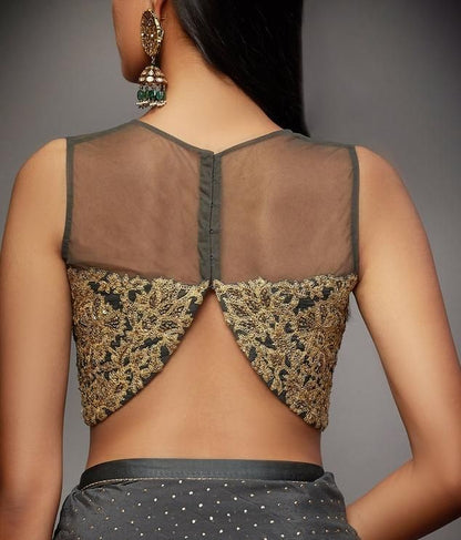 Luxury Grey Gold Embroidered Designer Blouse for Women