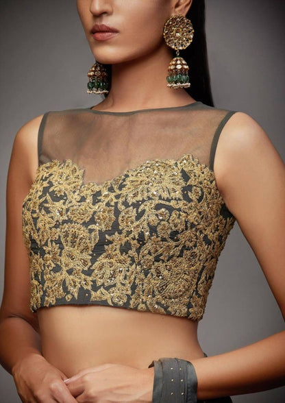 Luxury Grey Gold Embroidered Designer Blouse for Women