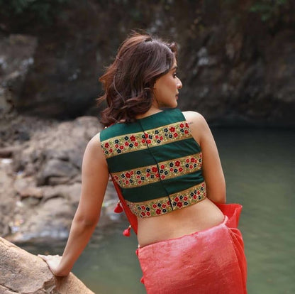 Green Embroidered Sleeveless Blouse for Women | Designer Party Wear Blouse