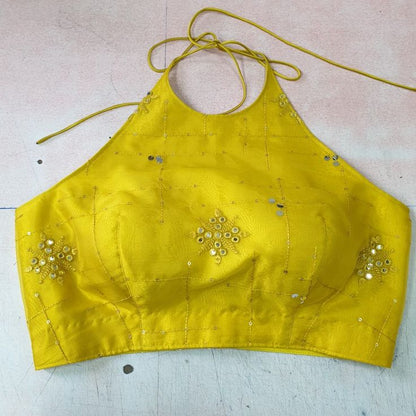 Women's Mustard Yellow Halter Neck Sequin Embroidered Designer Saree Blouse