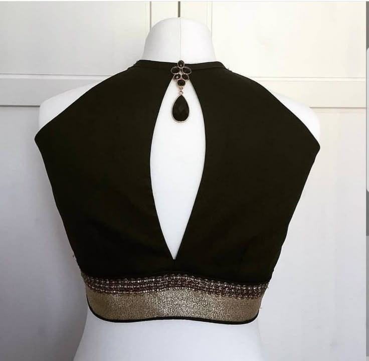 Women's Black High Neck Designer Readymade Blouse with Keyhole Back & Golden Border Work