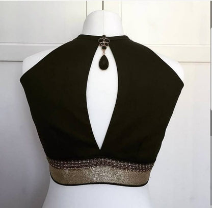 Women's Black High Neck Designer Readymade Blouse with Keyhole Back & Golden Border Work